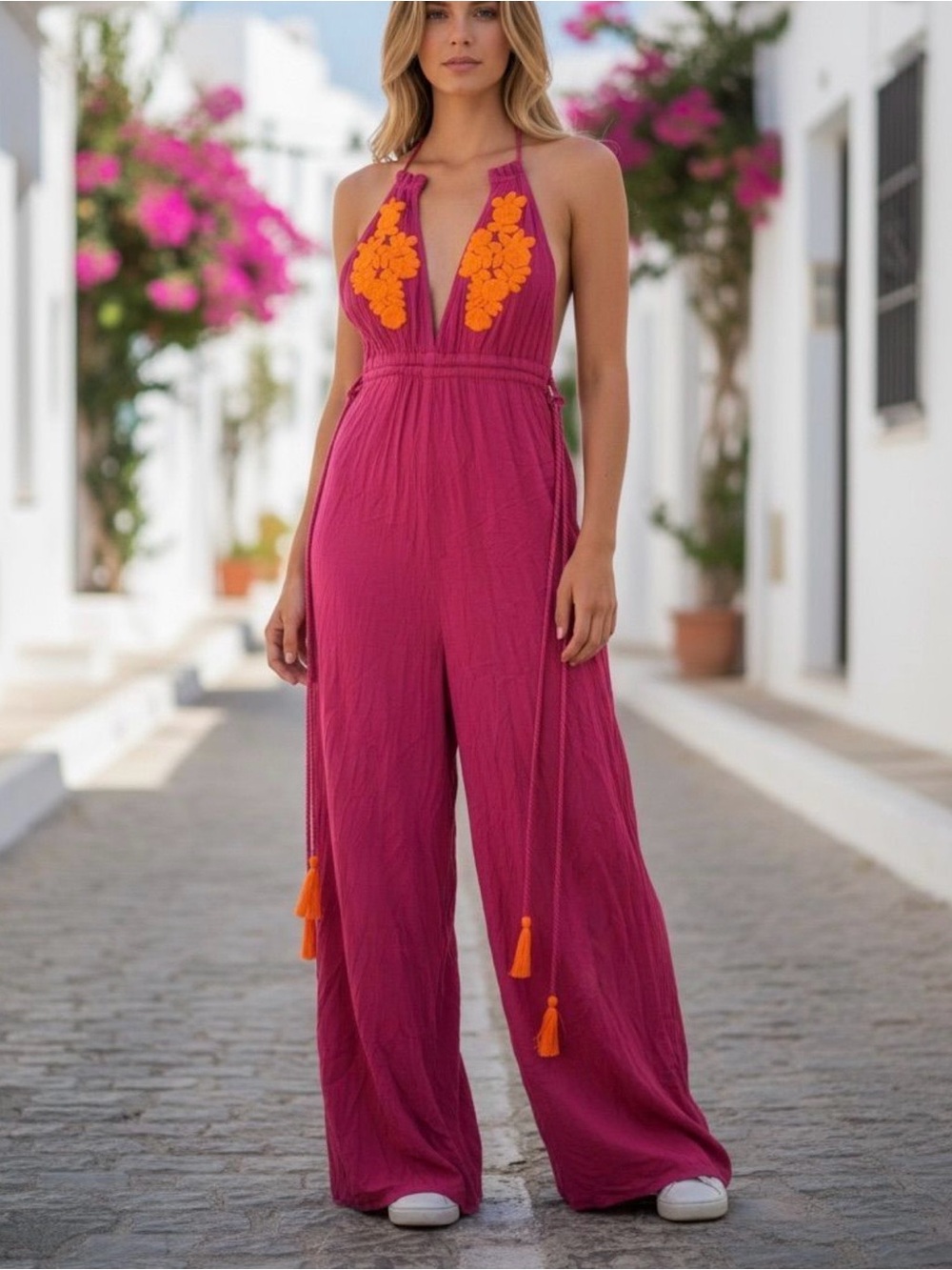 FARM Rio Vintage Fuchsia Halter Jumpsuit with Orange Floral Appliqué - Picture 1 of 8